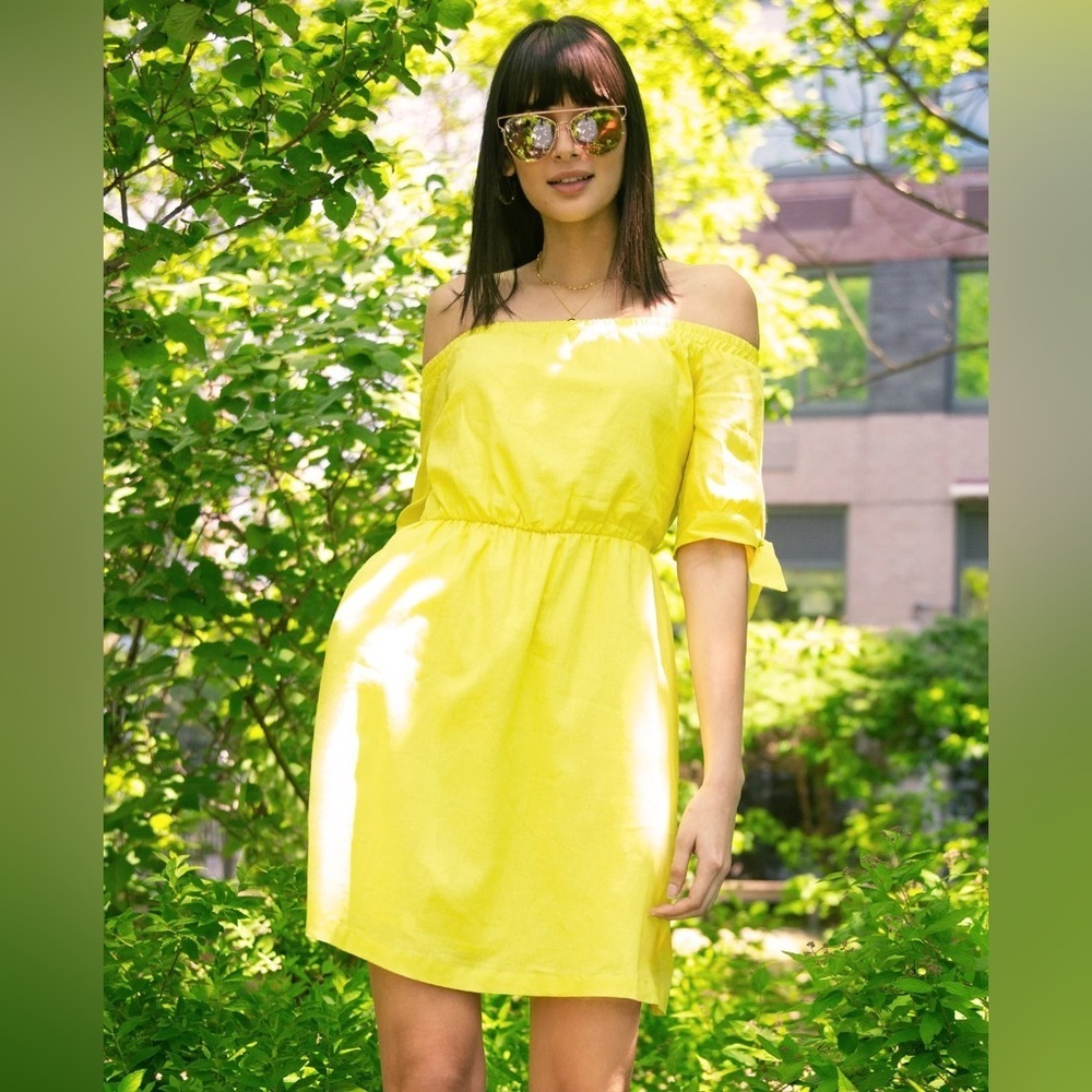 New York & Co Yellow Linen Blend Off Shoulder Shift Dress Women’s Medium Summer